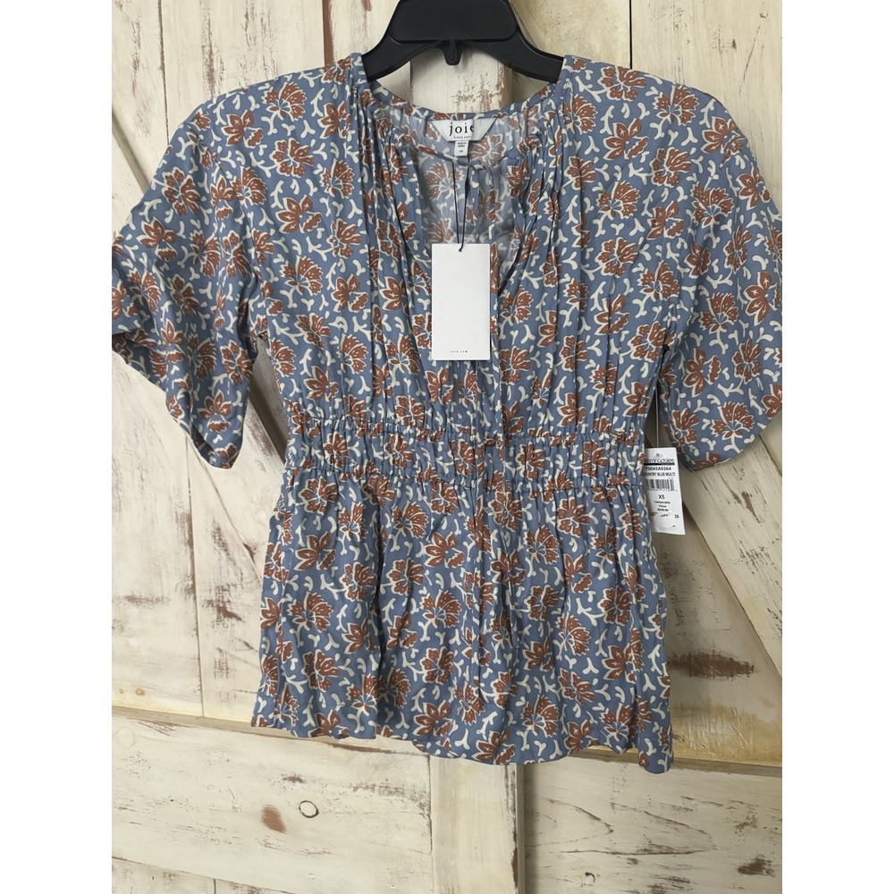 Joie $248 Botanical Renae Blue Floral Print V neck Blouse Smocked Waist Top XS